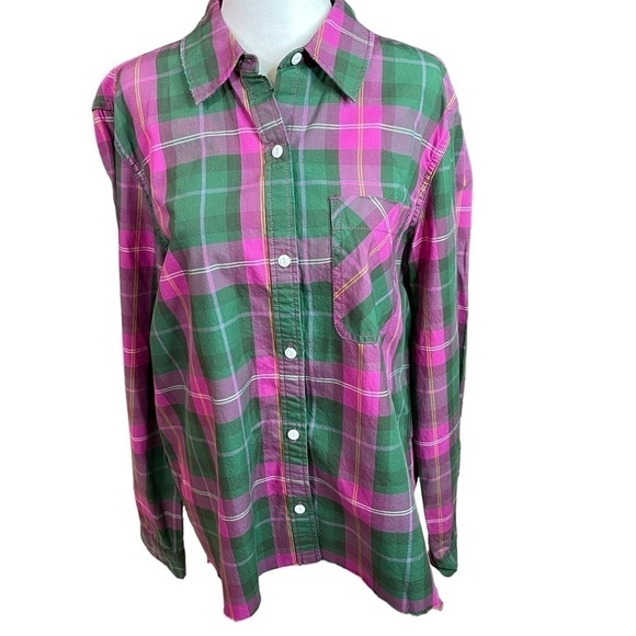 Current Elliott The Ivie Plaid Shirt pink & green Button down size 3 - Picture 4 of 17